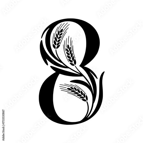Number eight decorative design with wheat stalks, Black ornamental number eight illustration decorated with wheat stalks and leaves, symbolizing agriculture, harvest, natural growth, and rustic style
