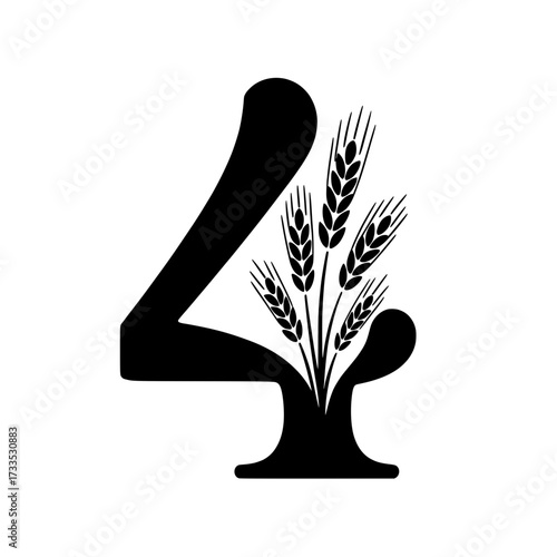 Number four design with wheat stalk decoration, Bold decorative number four illustration with detailed wheat stalks and leaves, symbolizing farming, harvest, natural growth, and rustic style.

