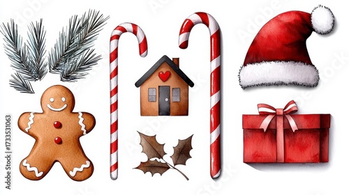Christmas decoration set. Hand drawn watercolor painting set of a christmas elements Gingerbread home santa hat candy cane gift box isolated on white background. Festive watercolor