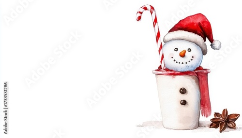 Christmas drink cream snowman sweet lollipop cup white watercolor illustration isolated. Festive beverage creamy snow person confection treat mug blank artistic painting picture cutout