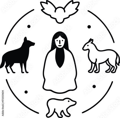 native shaman with spirit animals illustration on transparent background