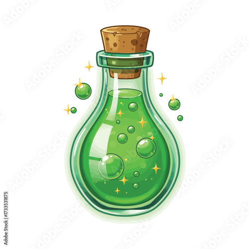 Green potion bottle with bubbles a vector illustration for fantasy games isolated on white background