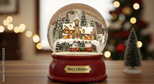 Snow globe with Christmas village inside, blurred background