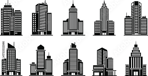 Modern building silhouette, black vector architecture, urban skyline icons, editable city clipart, high-rise structure design, minimal graphic elements, towers