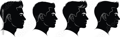 Male hairstyle silhouettes, black profile heads, short and spiked hair, fashion grooming vector, hair texture, modern style, beauty design, illustration
