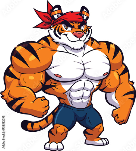 Illustration of a muscular tiger character wearing a red bandana and blue shorts, showcasing its strong physique and playful personality