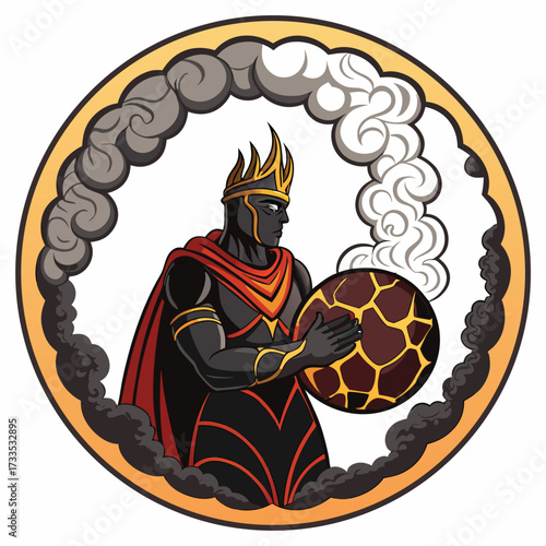 A dark-skinned king with a golden crown holds a molten sphere surrounded by smoke.