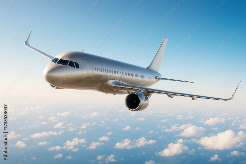 Fototapeta premium Futuristic silver passenger airplane flying above clouds in bright daylight sky, symbolizing modern air transport and innovation concept.