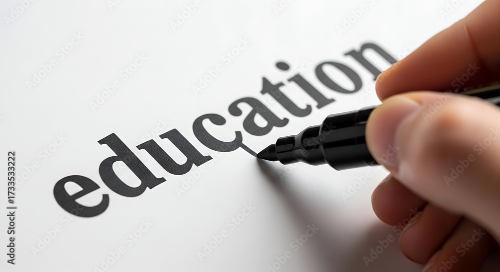 Fototapeta premium Conceptual close-up of a hand writing the word 'Education' with a black marker, highlighting the importance of learning, knowledge, and academic development.