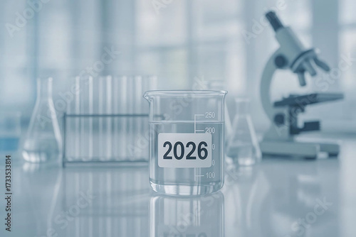 Science lab beaker with 2026 experiment batch label sticker chemistry equipment laboratory bench glass reflection overlay STEM education concept