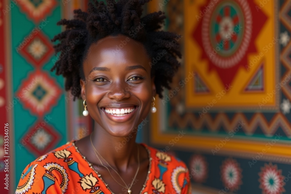 Fototapeta premium African Woman: A Joyful Expression in a Vibrant Portrait with Cultural Patterns in the Background