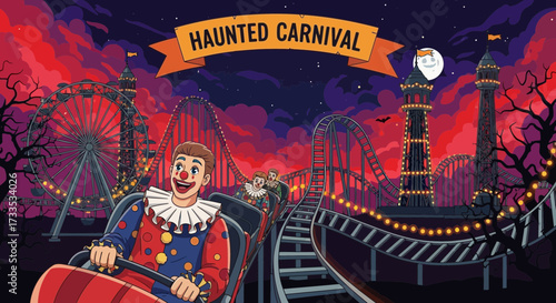 Whimsical haunted carnival scene featuring creepy clowns and spooky attractions