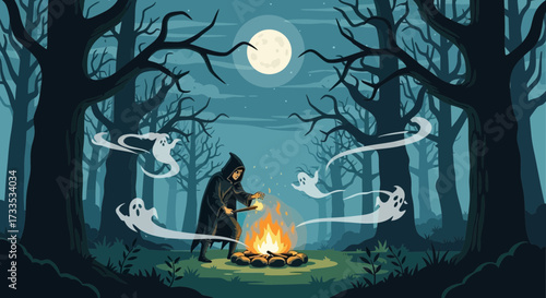 Mystical conjuration scene in a moonlit forest with hooded figure and apparitions