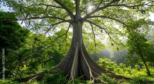 Majestic kapok tree rising amidst the verdant rainforest canopy, a tropical scene