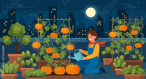 Nocturnal rooftop garden tending, nurturing pumpkin vines under moonlight and urban skyline