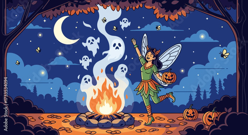 Enchanting halloween night with joyful fairy, campfire and spooky ghosts