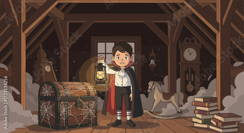 Vampire boy exploring old attic with lantern on Halloween illustration