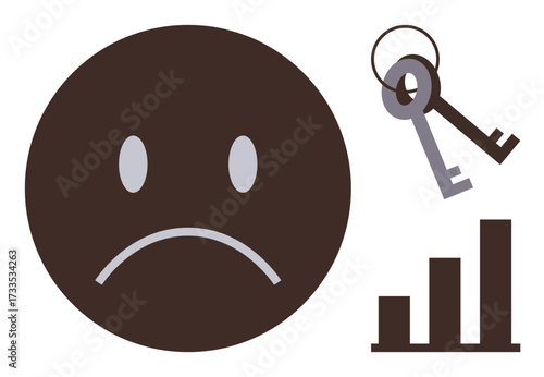 Sad emoticon alongside two keys and a downward bar chart reflecting themes of loss, failure, missed opportunity, and regression. Ideal for business setback, financial trouble, discouragement, or