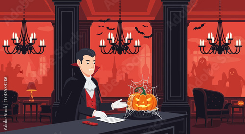 An opulent halloween celebration with a friendly vampire host offering pumpkin