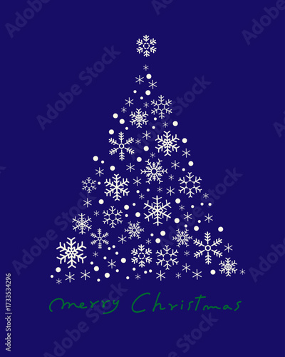 雪の結晶クリスマスツリー_手描きイラスト,ベクター_ホワイト＆ネイビー｜Snowflake Christmas Tree_Hand-drawn Illustration, Vector_White & Navy