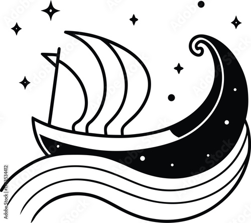 norse viking ship sailing through galaxy waves illustration on transparent background