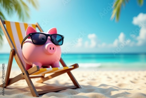 Pink Piggybank Chillaxing on Beach: Promoting Financial Security and Savings