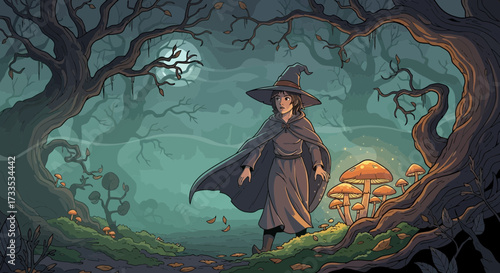 Enigmatic young witch venturing through mystical autumnal forest at twilight