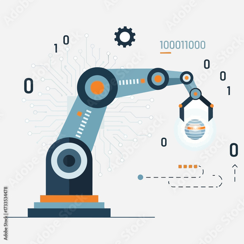 Industrial robotic arm working with digital data in a technological concept illustration