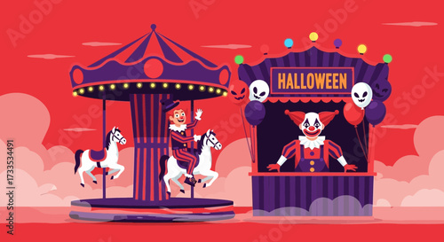 Spooky Halloween carnival with clowns on a merry-go-round and haunted booth