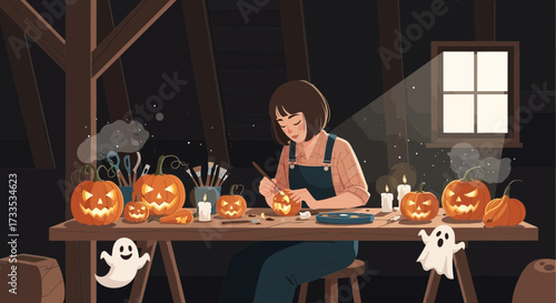 Illustrative autumn scene of a woman carving pumpkins for halloween in an attic