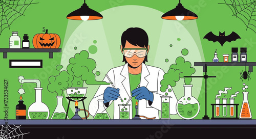 Halloween science laboratory experiment with a scientist mixing potions in the lab