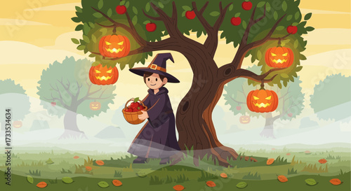 Whimsical autumn: A young witch in a pumpkin-lit orchard collecting apples