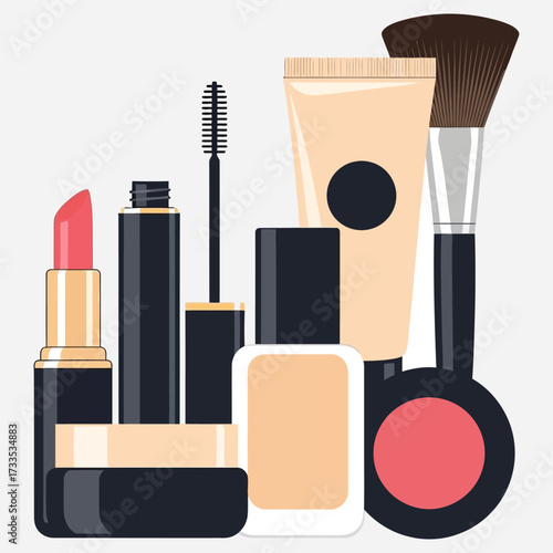 A vibrant set of essential cosmetic products, including lipstick, mascara,foundation, and blush, displayed as a flat design vector illustration