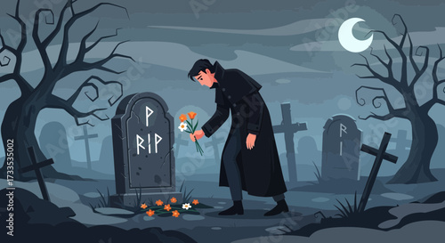 Melancholic remembrance: Man lays flowers at a grave in a spooky cemetery