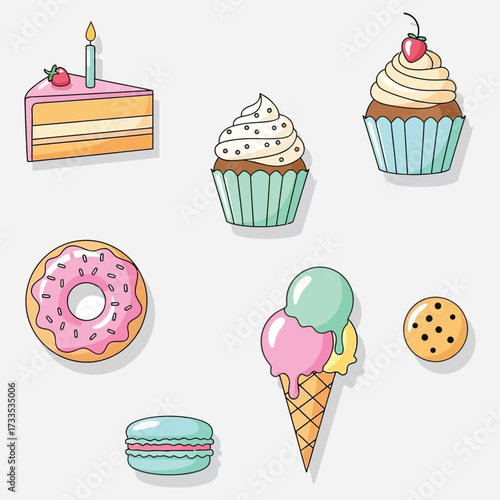 Colorful assortment of sweets cake, cupcakes, donut, macaron, ice cream, and cookies on a white background