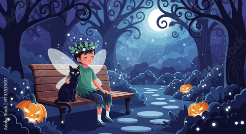 Enchanting Halloween Night: Boy Fairy and Black Cat Embrace in Magical Forest