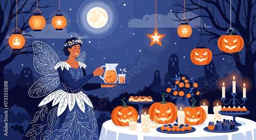 Enchanting Halloween Celebration with Fairy and Festive Decorations Under Moonlight
