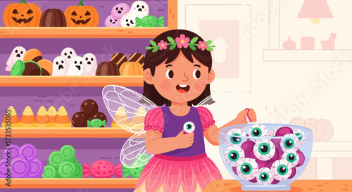 Enchanting Halloween Treats: A Fairy's Spooky Selection of Sweets and Eyeball Candies