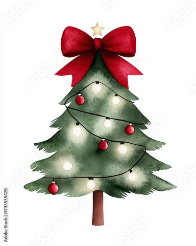 Christmas tree with festive red bow decoration on top and shining garland lights watercolor illustration isolated on white background for Happy New Year greeting cards and designs. Holiday
