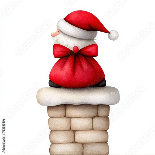 Christmas watercolor Santa Claus with gift bag climbs into the house through the chimney cute holiday festive illustration for winter celebration greetings cards and posters.
