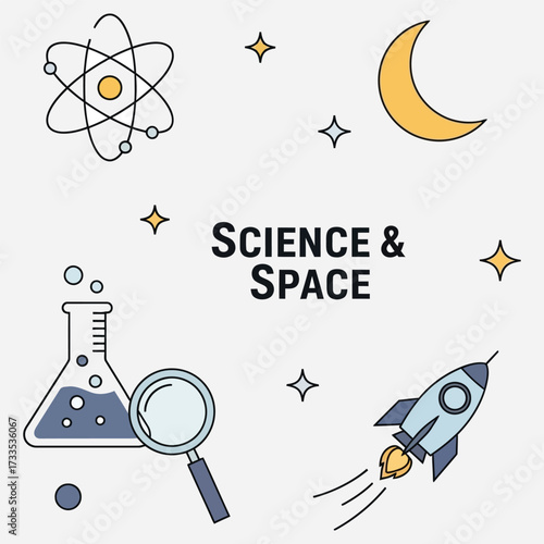 Collection of science and space exploration line art icons, representing discovery, research, and cosmic adventure with essential laboratory elements in a modern, illustrative style