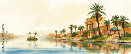 watercolor painting of the Nile river with palm trees, pyramids and ancient Egyptian temple ruins, artistic landscape illustration