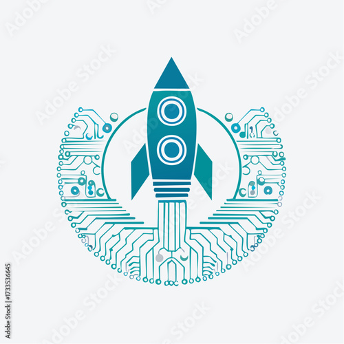 Rocket launch with circuit board design, symbolizing technological advancement.