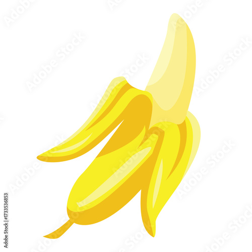 Vector illustration of a peeled yellow banana with glossy highlights, isolated on white background. Clean flat design suitable for tropical fruit, food, and nutrition graphics.