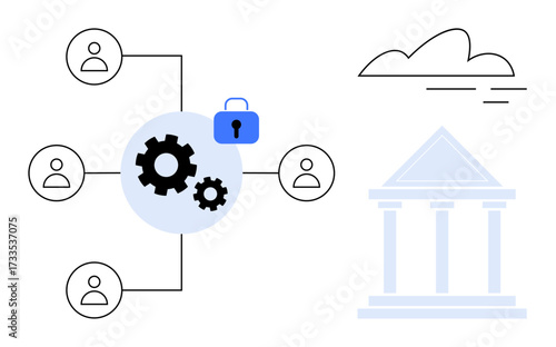 Connected users represented in a hub-and-spoke model with gears, lock for security, and a classical institution building. Ideal for teamwork, safety, data processing, governance, digital trust