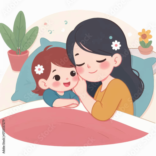Mother and child sharing a tender moment of love and affection in bed.