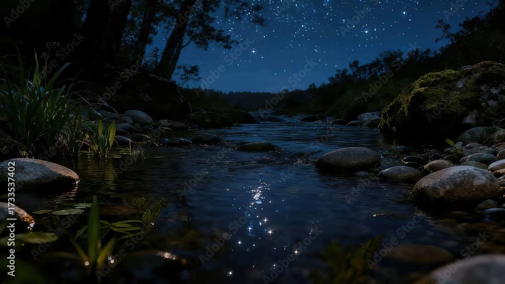 Obraz premium Tranquil Forest Creek at Night with Starry Sky Reflections and Moonlight Through Branches