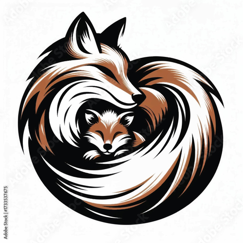 Mother fox and baby fox curled up together in a circle.