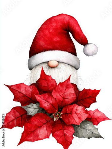 Cute christmas gnome with santa hat and poinsettia. Festive christmas elf adorn santa cap vibrant poinsettia bloom holiday decoration whimsical figurine yuletide spirit seasonal