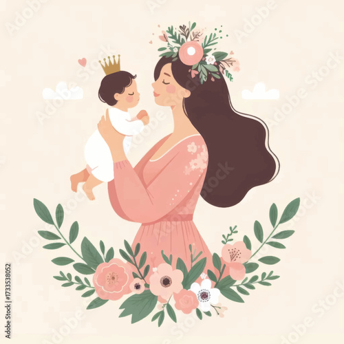Mothers Love A Tender Moment with Baby and Floral Adornments.